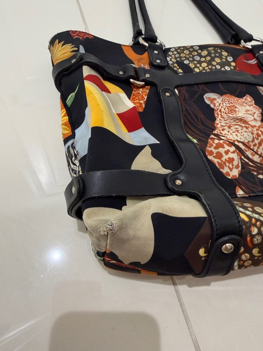 Salvatore Ferragamo Multicolor Leopard Patchwork Tote with Black Leather Straps - Picture 3 of 13